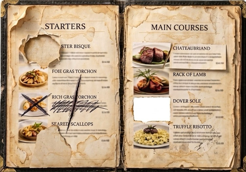 Menu papier abîmé